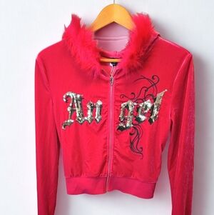NWT Shein Icon Hot Pink Angel Cropped Hoodie With Sequins And Fur Y2K Bratcore